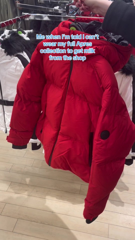 Red puffer jacket from the Primark Après ski collection.