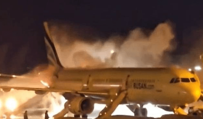 Air Busan Airbus A321 on fire at Gimhae International Airport.