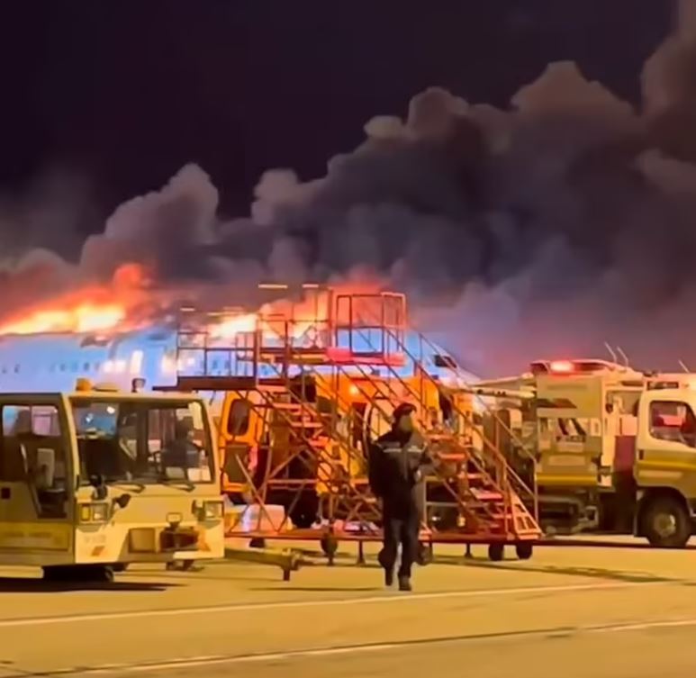 Air Busan A321 aircraft on fire at Gimhae International Airport.