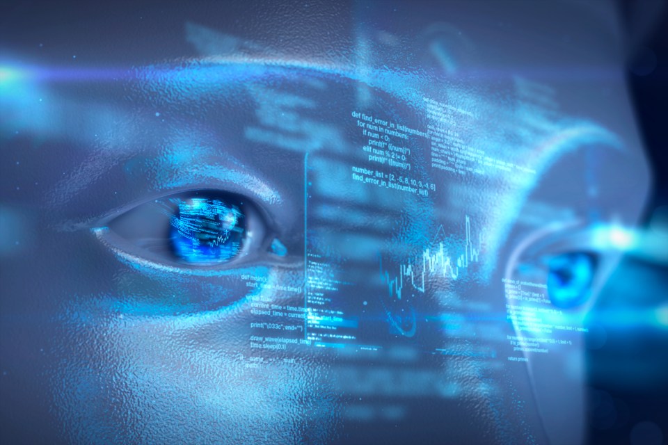 Illustration of a robot eye reflecting code and data.