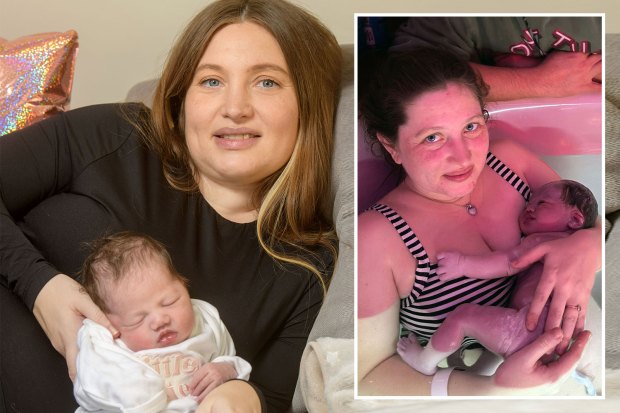 A mother holding her newborn baby, alongside a photo of the mother holding the baby immediately after birth in a birthing pool.