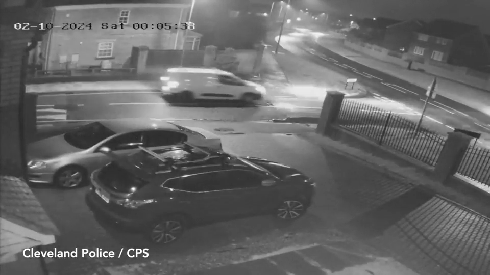 CCTV footage of a white van speeding away after a hit and run.