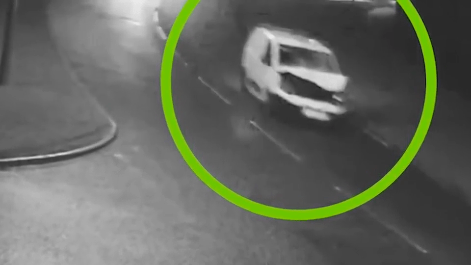 CCTV footage of a van speeding away from a hit and run.