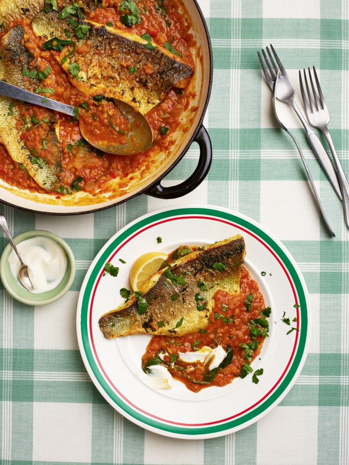 Pan-seared fish with lentil stew and yogurt.