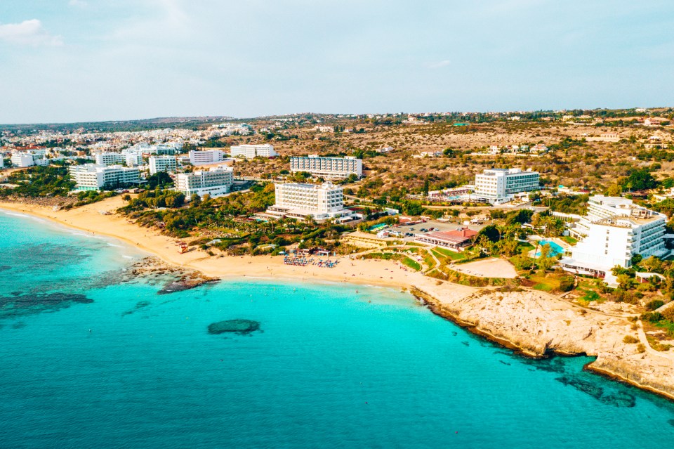 Aerial view of Nissi Beach in Ayia Napa, Cyprus.