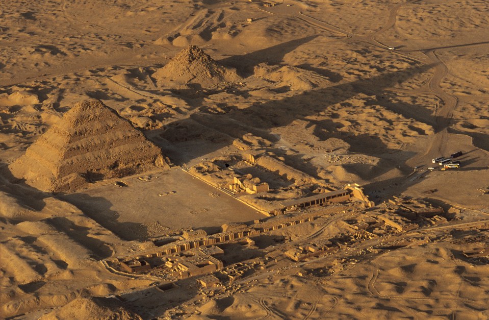 Aerial view of the Step Pyramid of Djoser in Saqqara, Egypt.