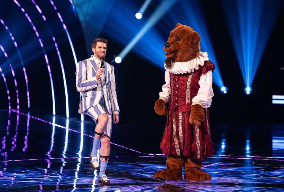 Joel Dommett and Bear on The Masked Singer.