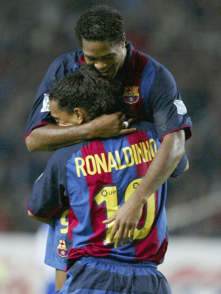 Ronaldinho hugging Patrick Kluivert after a goal.