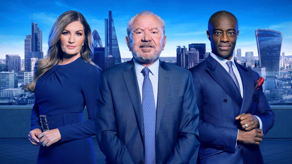 Promotional image of Lord Sugar, Baroness Karren Brady, and Tim Campbell in front of the London skyline.