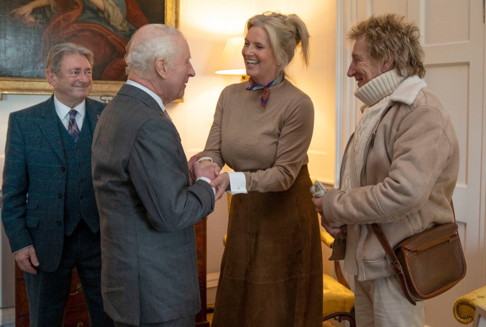 King Charles III meeting with Alan Titchmarsh, Penny Lancaster, and Rod Stewart.