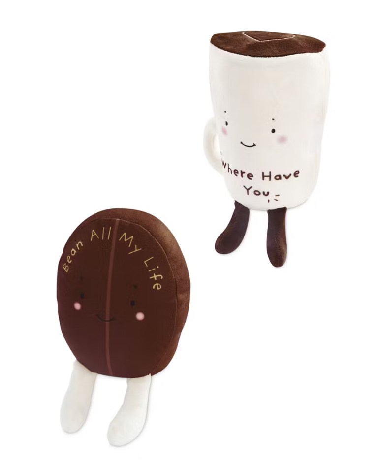 Illustration of coffee bean and coffee cup plush toys.