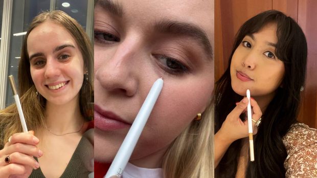 Collage of three women demonstrating how to use a makeup pencil.