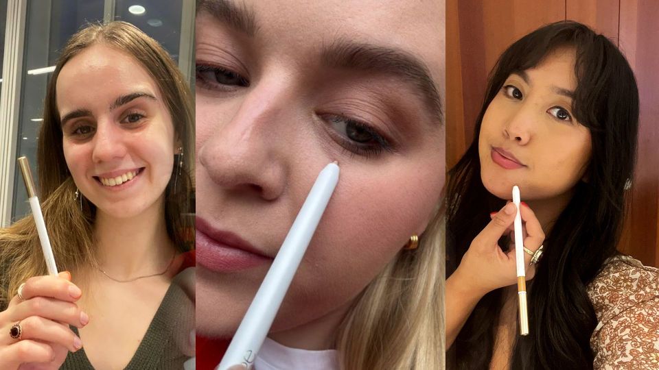 Collage of three people demonstrating how to use a makeup pencil.