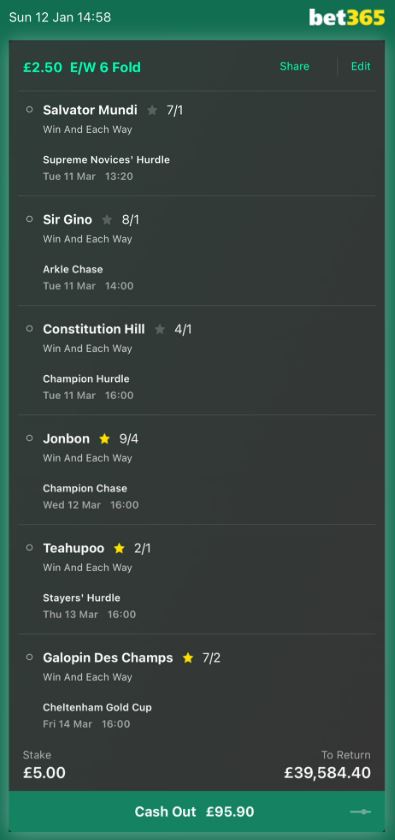 Bet365 betting slip showing a £2.50 each-way 6-fold bet.