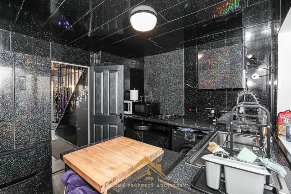 Kitchen in a house with black walls, ceilings, and floors.