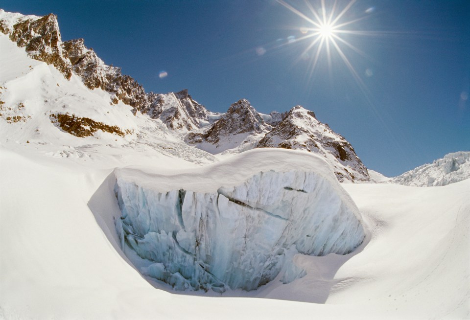 Blue ice resurgence on a glacier near Mont Blanc.