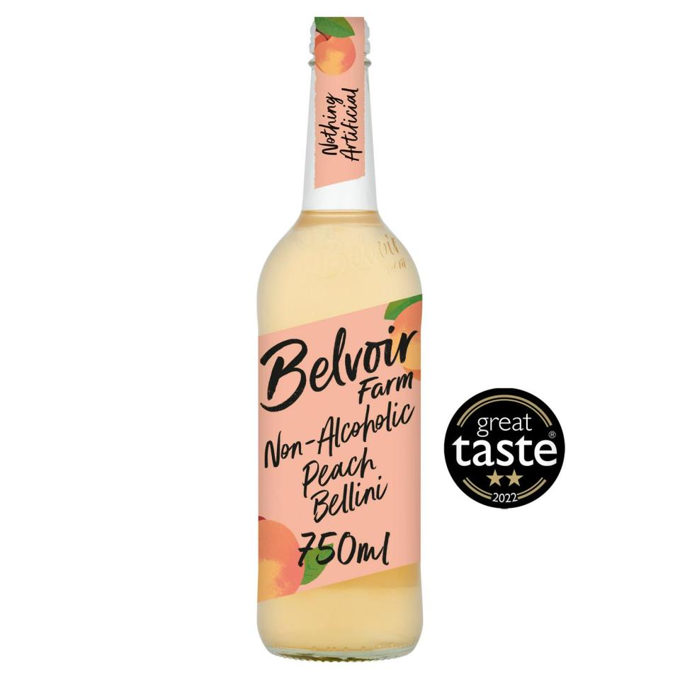 This peachy soft drink mimics the classic Bellini, made with fresh fruit and grape juice for a bubbly treat, it's perfect on its own or mixed with alcohol-free sparkling wine