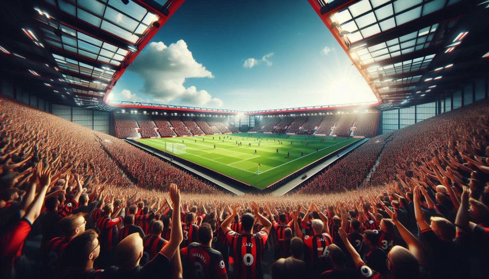 AI illustration of a full soccer stadium with cheering fans.