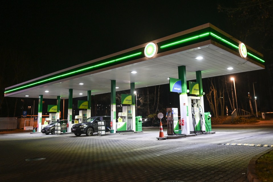 BP gas station at night.