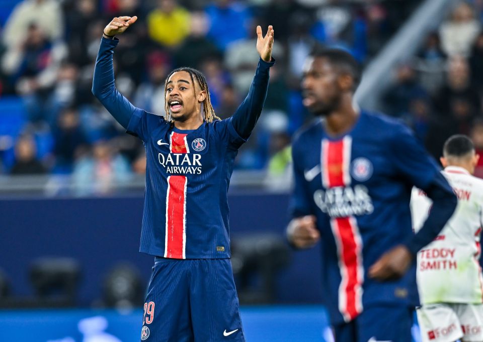 Bradley Barcola of Paris Saint-Germain reacting during a soccer match.