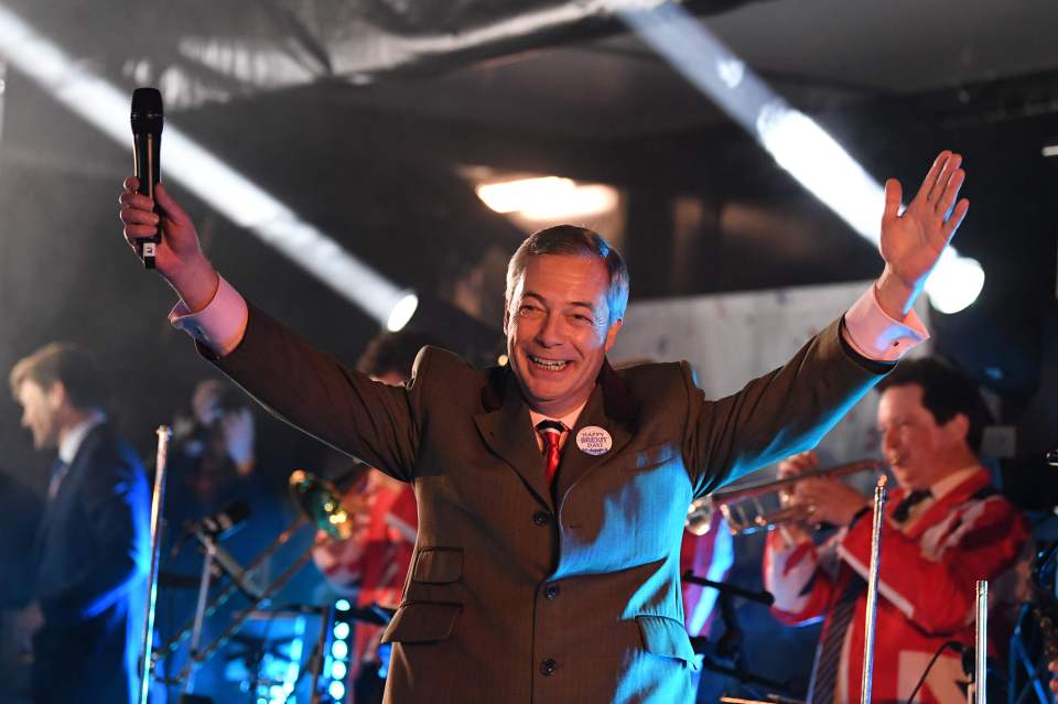 Nigel Farage addressing a Brexit celebration outside Parliament.