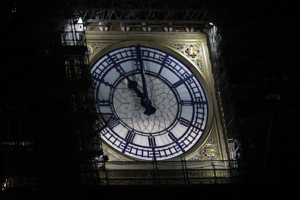 Big Ben clock face at 11 pm on Brexit night.