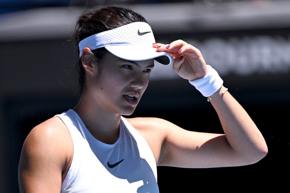 Emma Raducanu reacting during a tennis match.