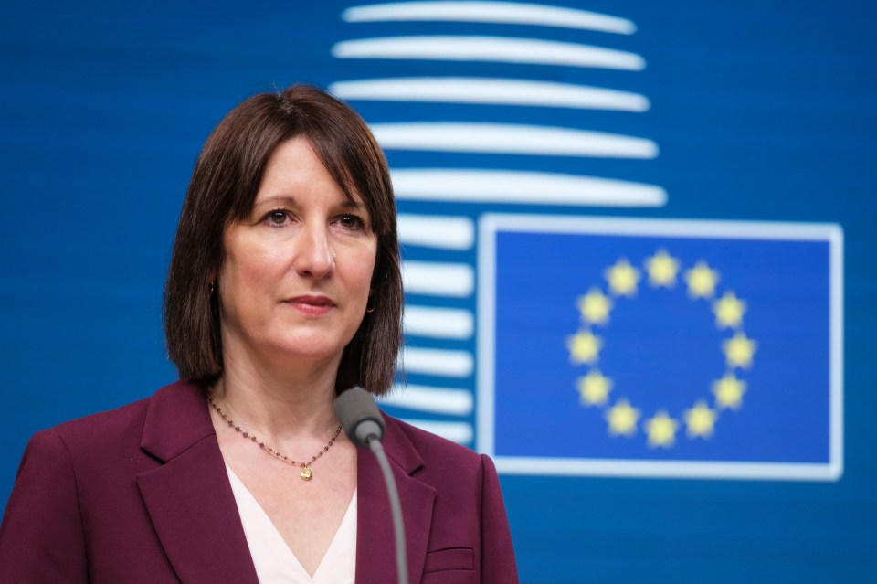 Rachel Reeves, British Chancellor of the Exchequer, speaks to the media at a Eurogroup meeting.