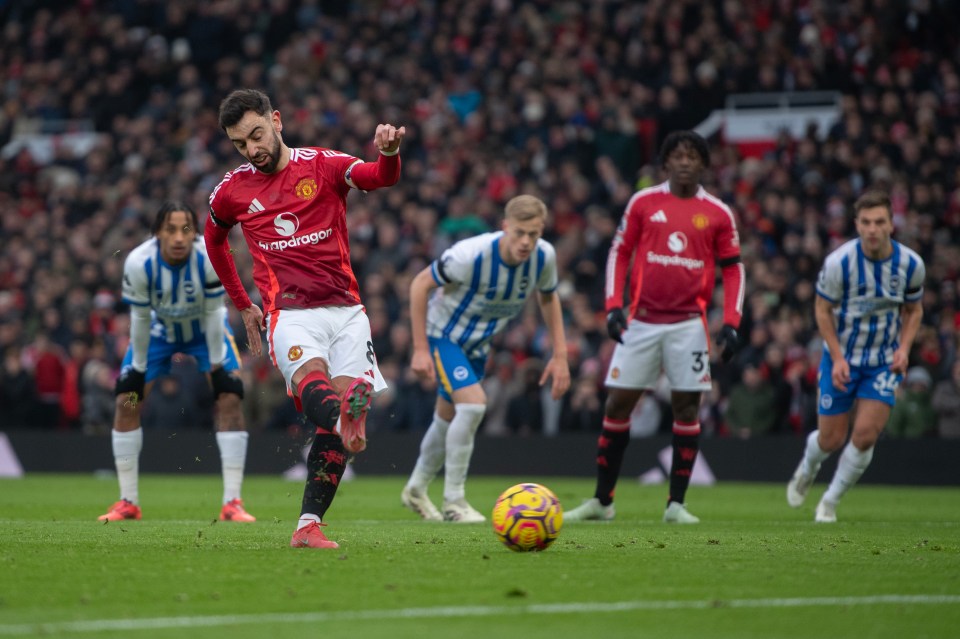 Bruno Fernandes of Manchester United taking a penalty kick.