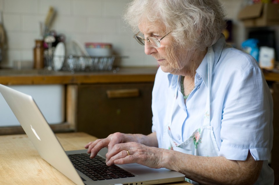 Older woman using a laptop in her kitchen.