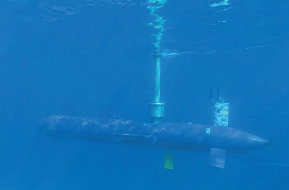 Underwater photo of a 40ft Blue Whale stealth submarine drone.