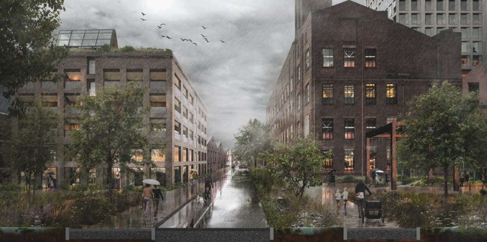 Illustration of a rain-swept canal-side neighborhood redevelopment.