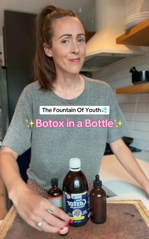 Woman presenting three bottles of what she calls DIY Botox.