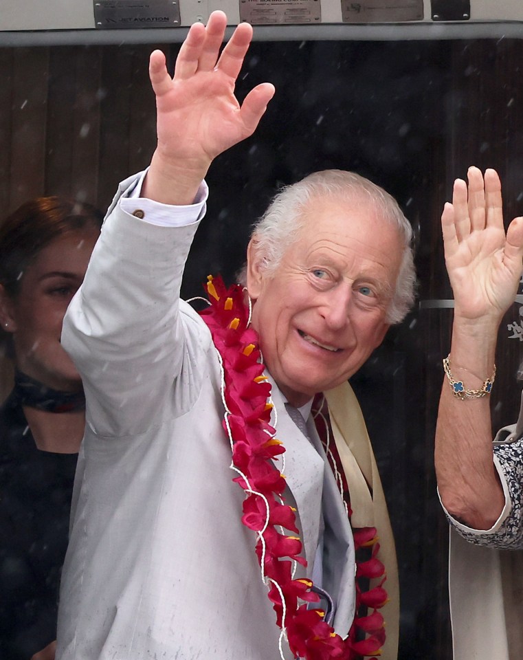 King Charles III and Queen Camilla waving goodbye from an airplane.