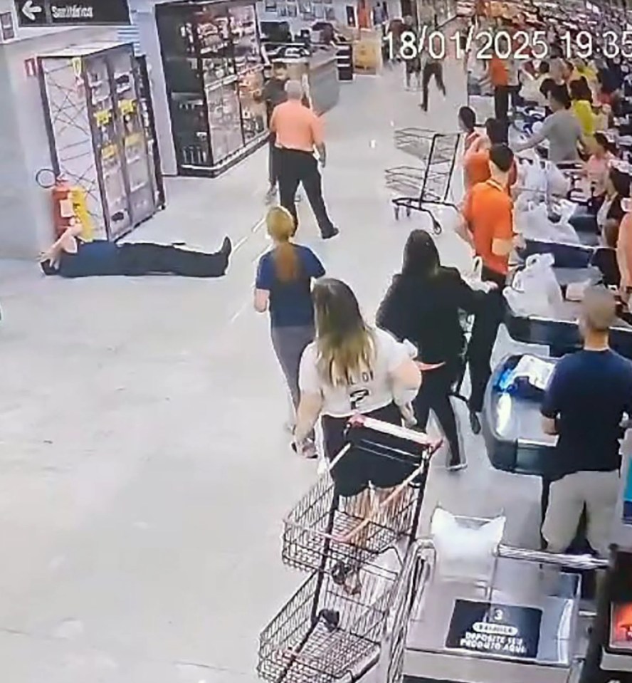 Surveillance footage of a man hitting a supermarket manager with a shovel.