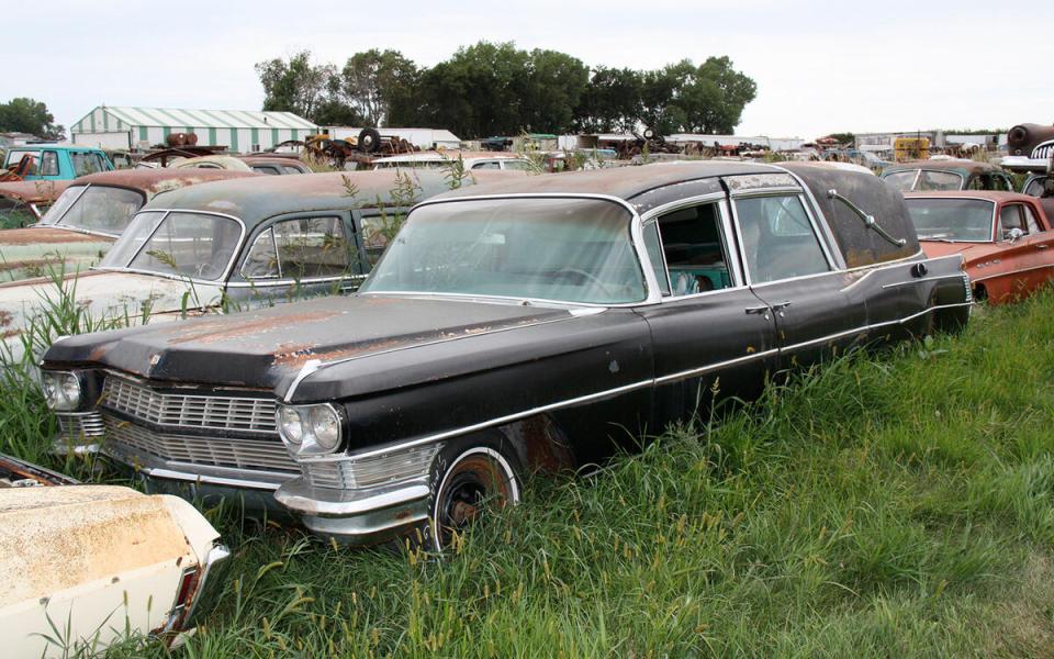 Rusty vintage cars in a junkyard.