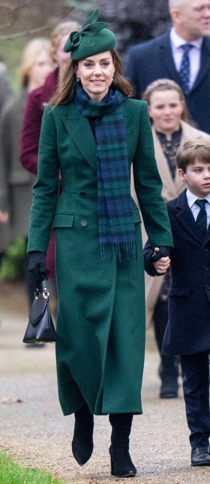 Catherine, Princess of Wales, in a green coat and scarf, attends a Christmas service.