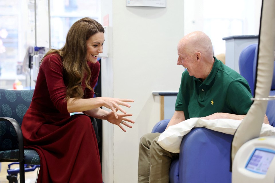 Catherine, Princess of Wales, speaking with a patient at a hospital.