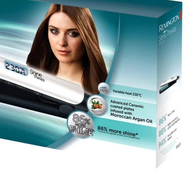 Remington Shine Therapy hair straightener with argan oil; 86% more shine.