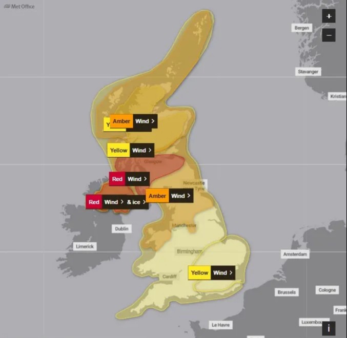 Map of Great Britain showing wind warnings: red, amber, and yellow.