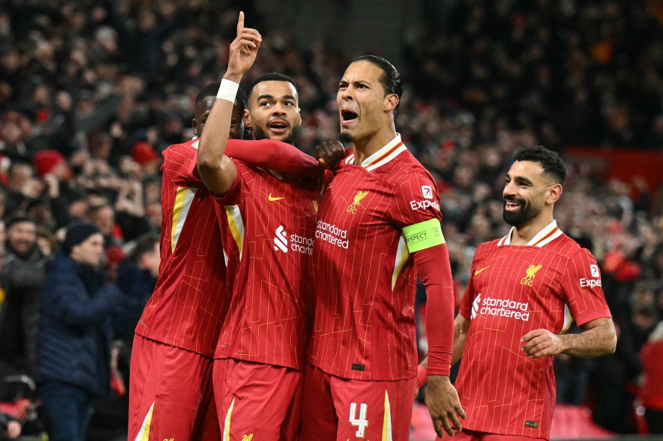 Liverpool FC players celebrating a goal.