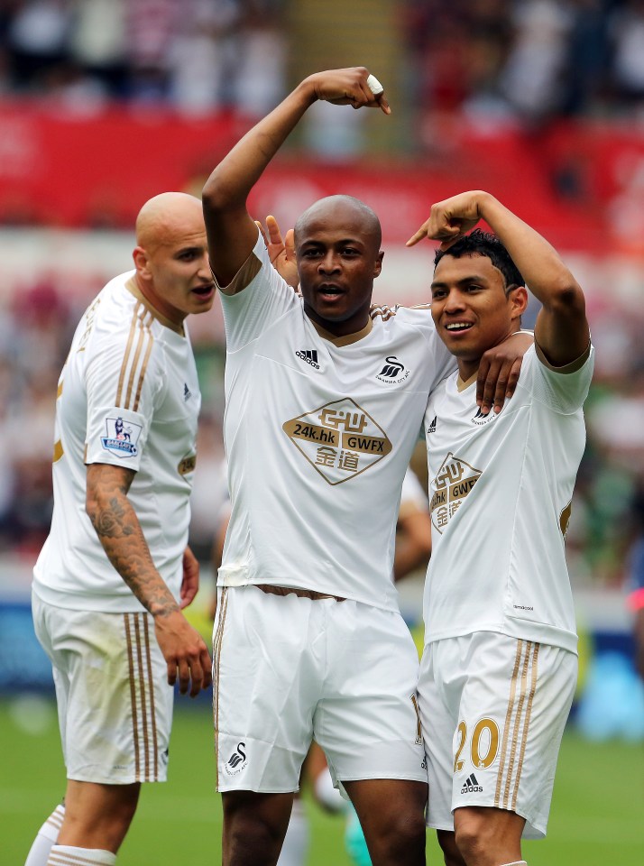 Swansea City soccer players celebrating a goal.