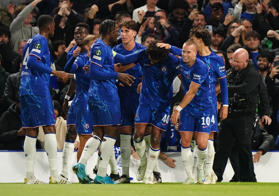 Chelsea players celebrating a goal.