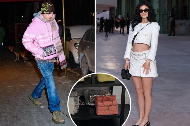 Collage of Kylie Jenner and Timothée Chalamet carrying Chanel bags.