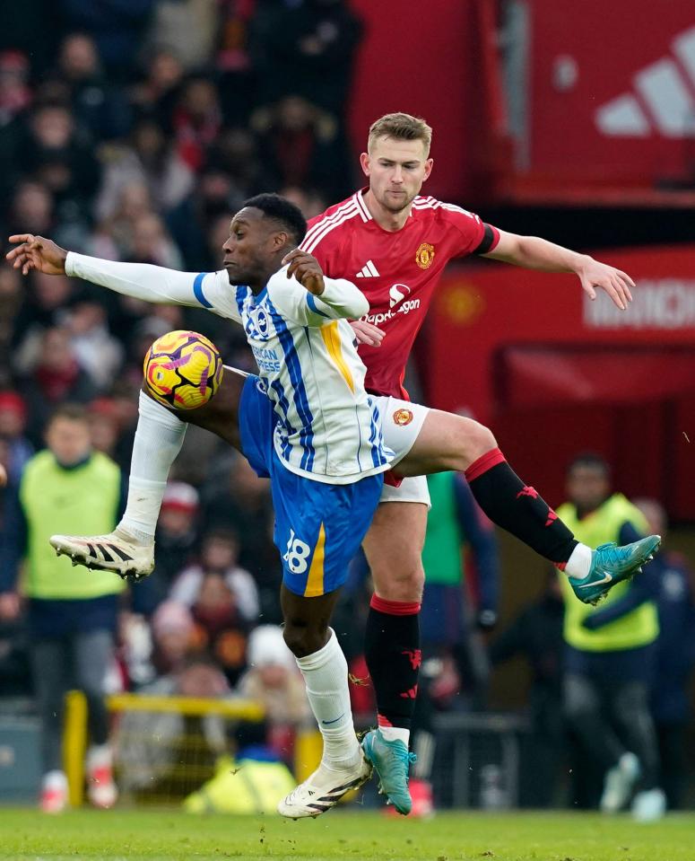 Danny Welbeck of Brighton and Matthijs de Ligt of Manchester United vying for the ball during a Premier League match.