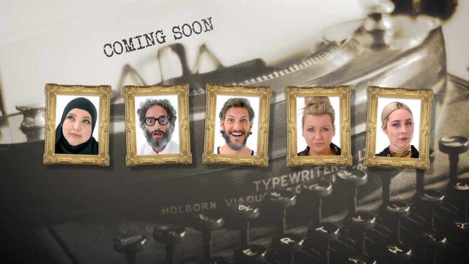 Illustration of five Taskmaster series 19 contestants' portraits above a typewriter.