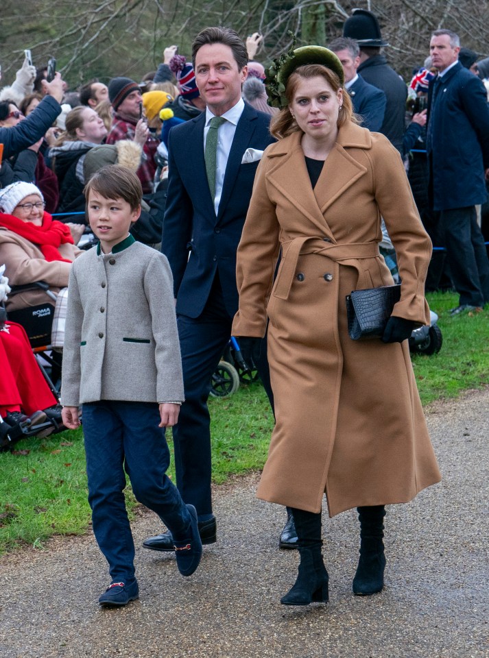 Princess Beatrice, Edoardo Mapelli Mozzi, and their son leaving Sandringham Church on Christmas Day.