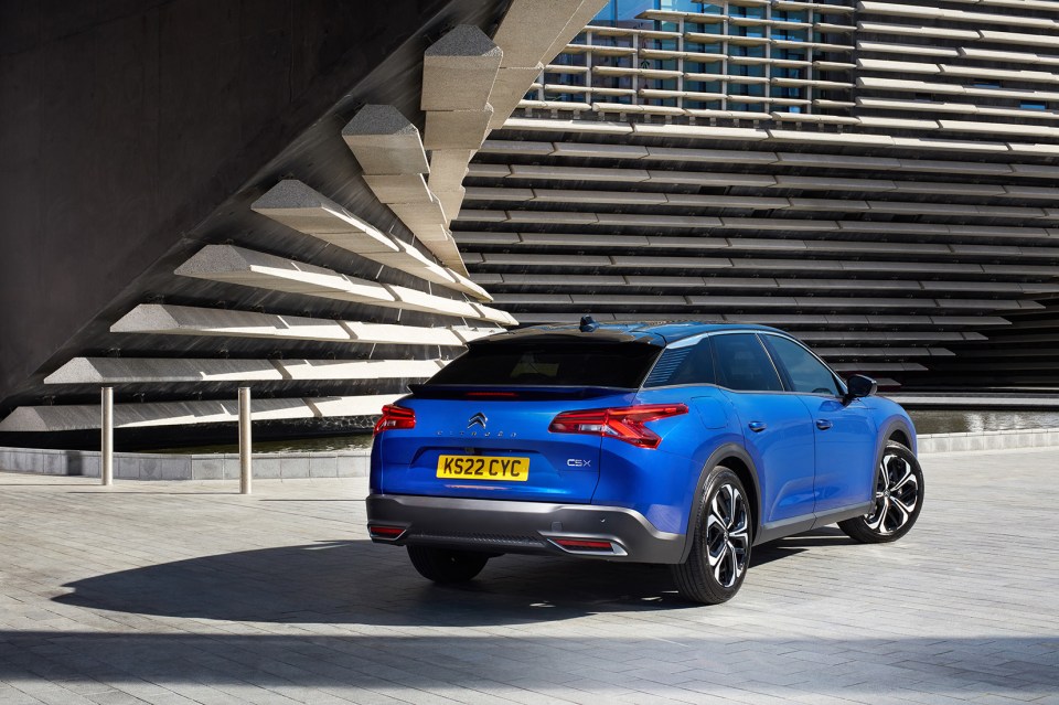 Rear view of a blue Citroen C5X.