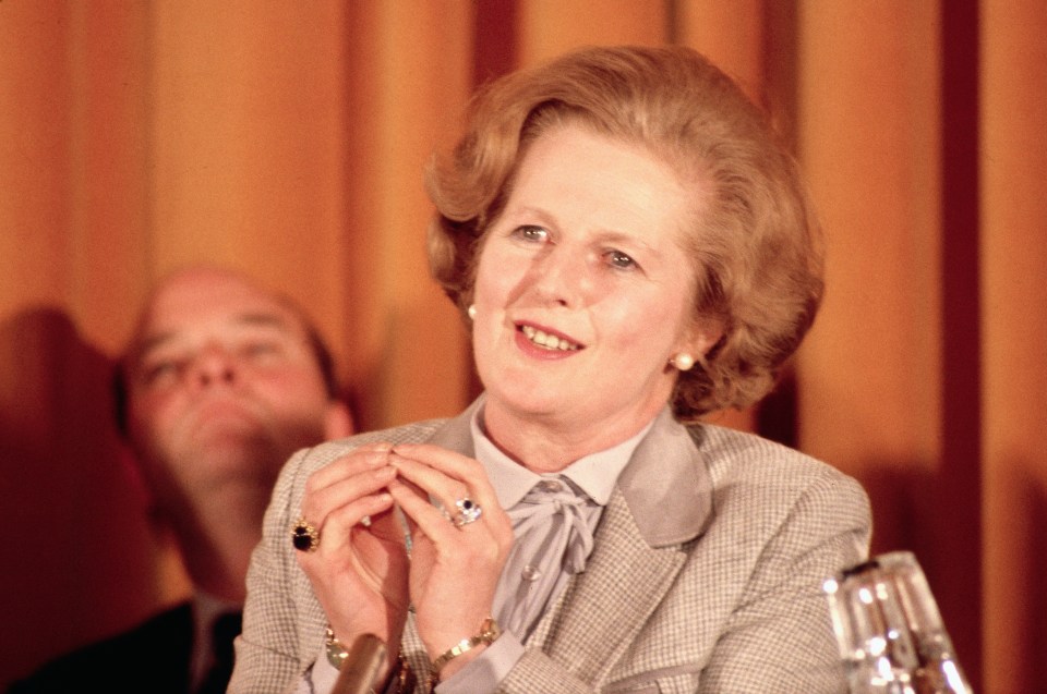 Close-up of Margaret Thatcher at a press conference.