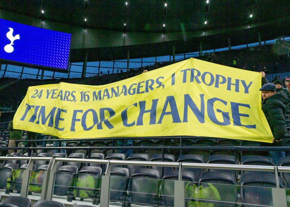 Tottenham Hotspur fans holding a banner that reads "24 years, 16 managers, 1 trophy. Time for change."